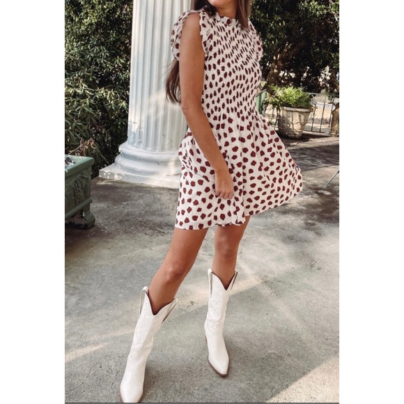 Dresses & Skirts - Brown Abstract Printed Flutter Sleeve Smocked Bodice Mini Dress
